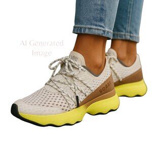 Sorel Women KINETIC Impact Lace White Sea Saly Yellow Lace Up Sneaker Size 8.5